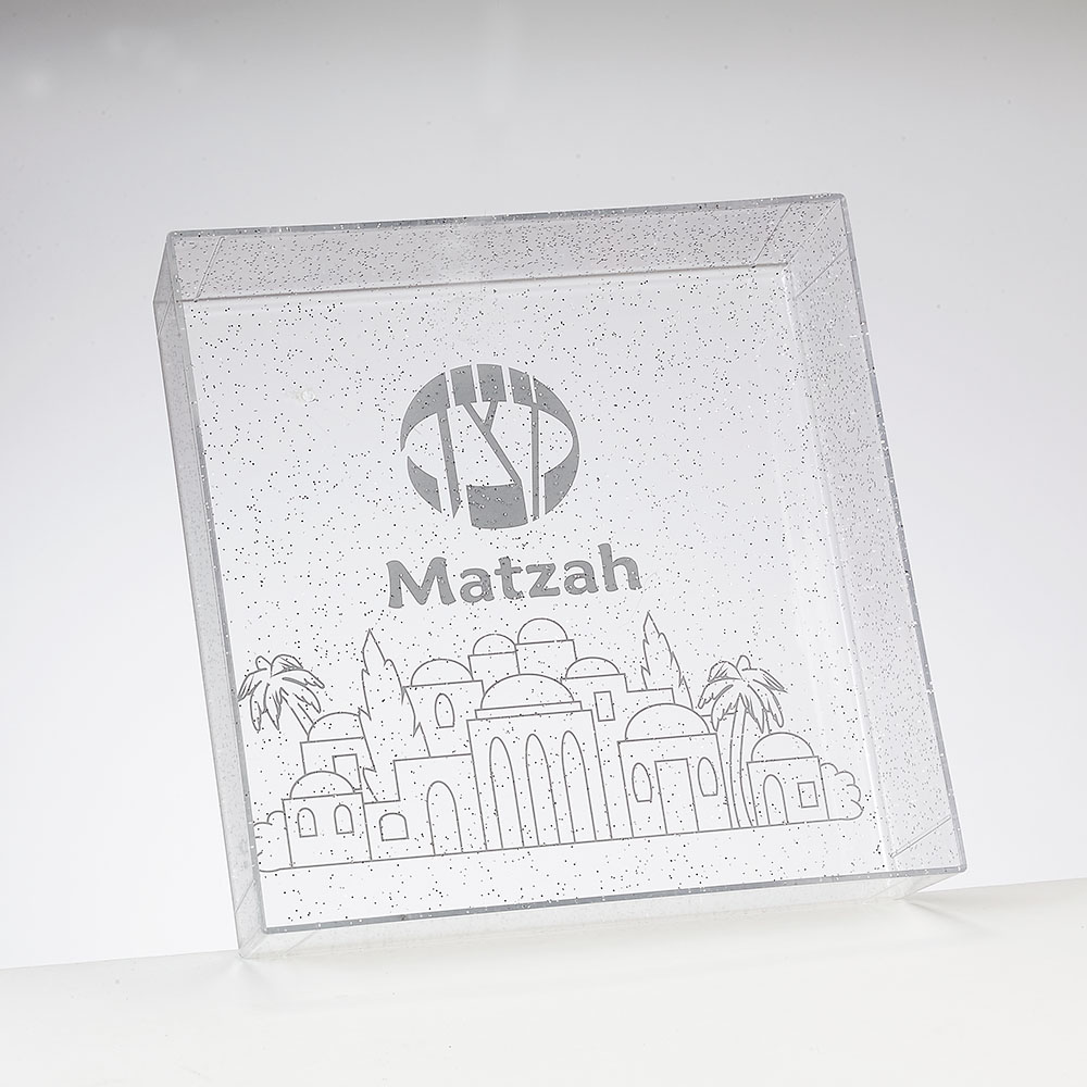 Square Clear Matzah PS Tray With  Silver Glitter