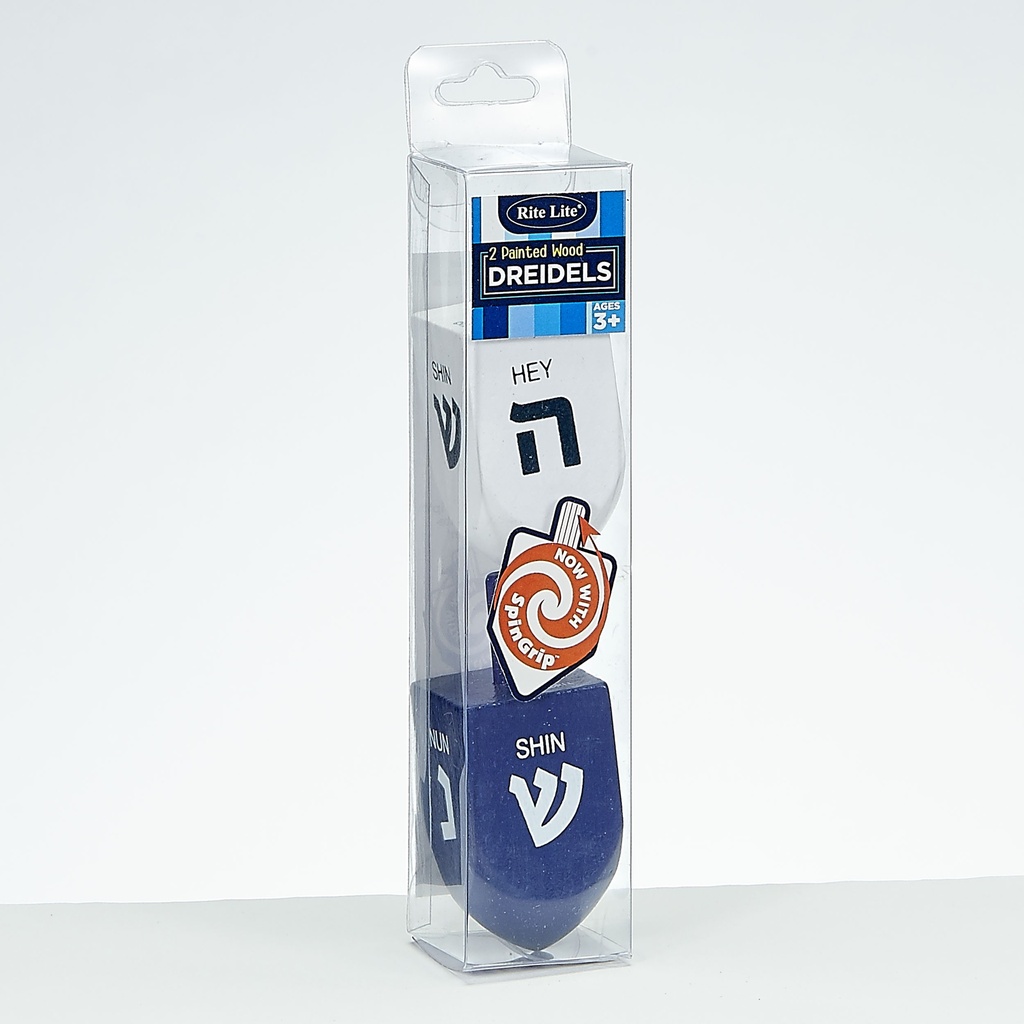 2 Large Blue and White Painted Wood Dreidels