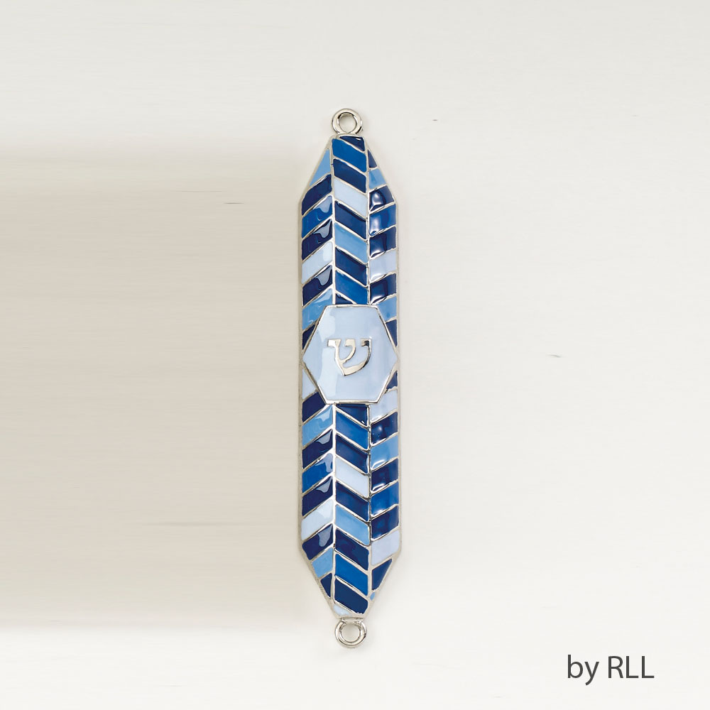 Geometric Blue Enameled Mezuzah-5"