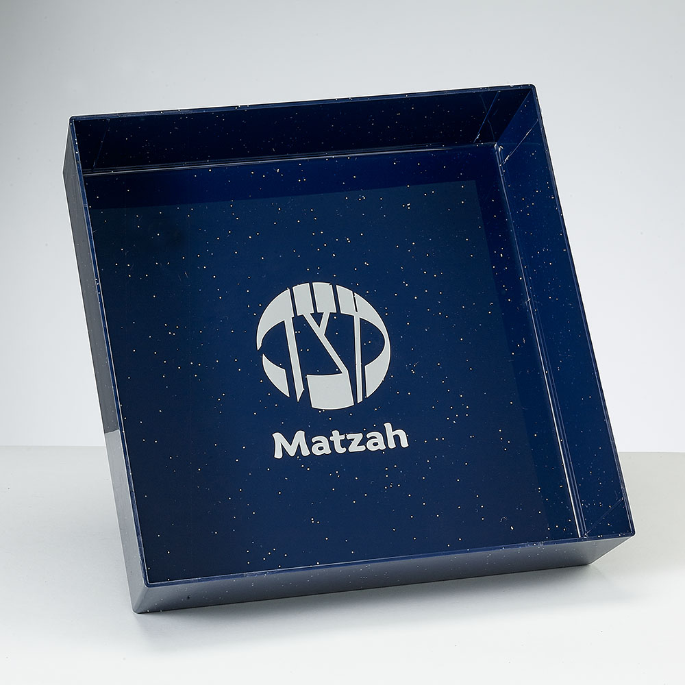 Square  Navy PS Matzah Tray With Silver Glitter