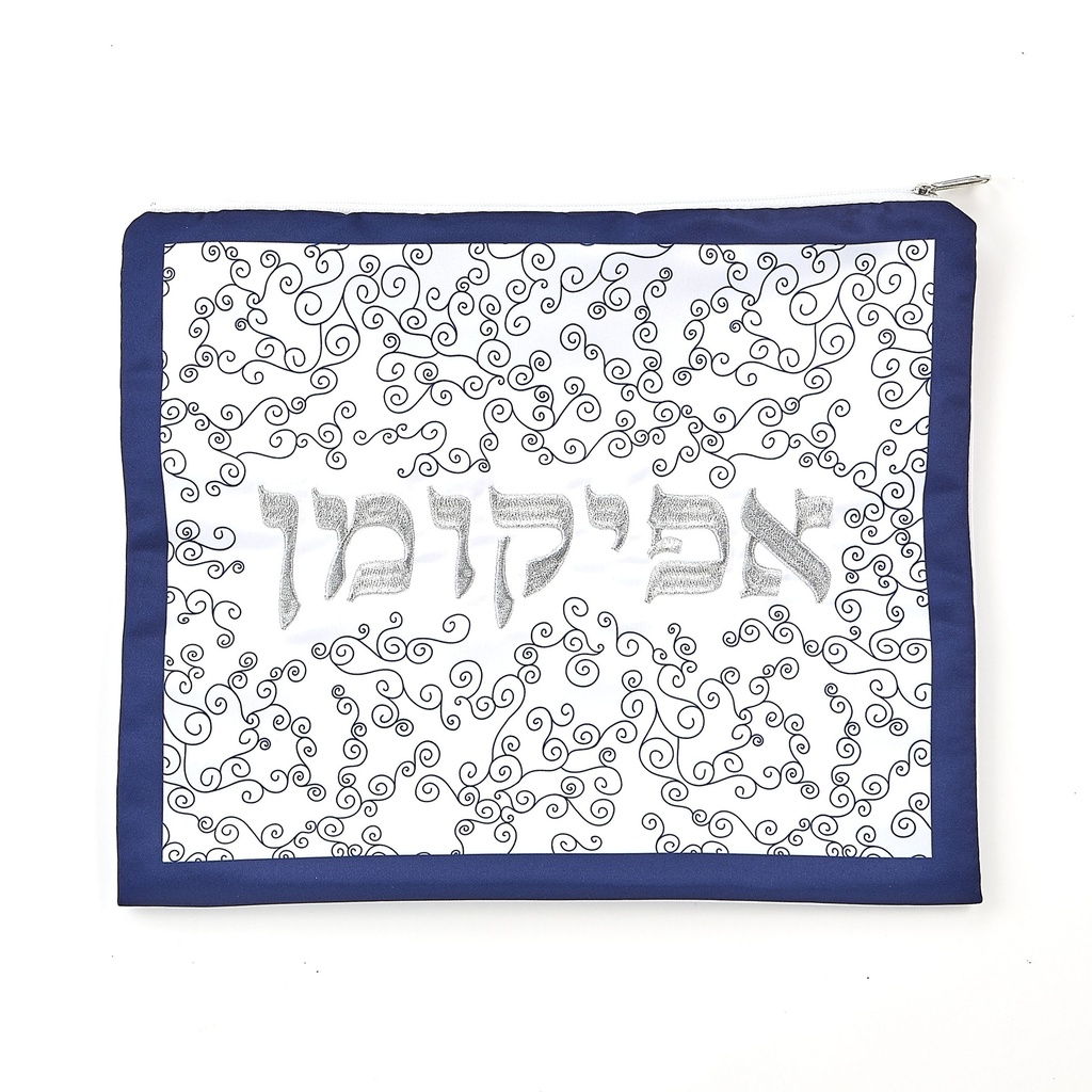 Embroidered "Silver Curlicues" White Afikoman Bag