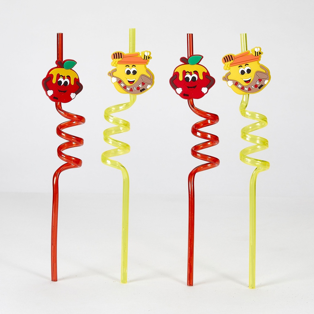 Set of 4 Rosh Hashanah Fun Straws w/ Honey Jar &  Apple