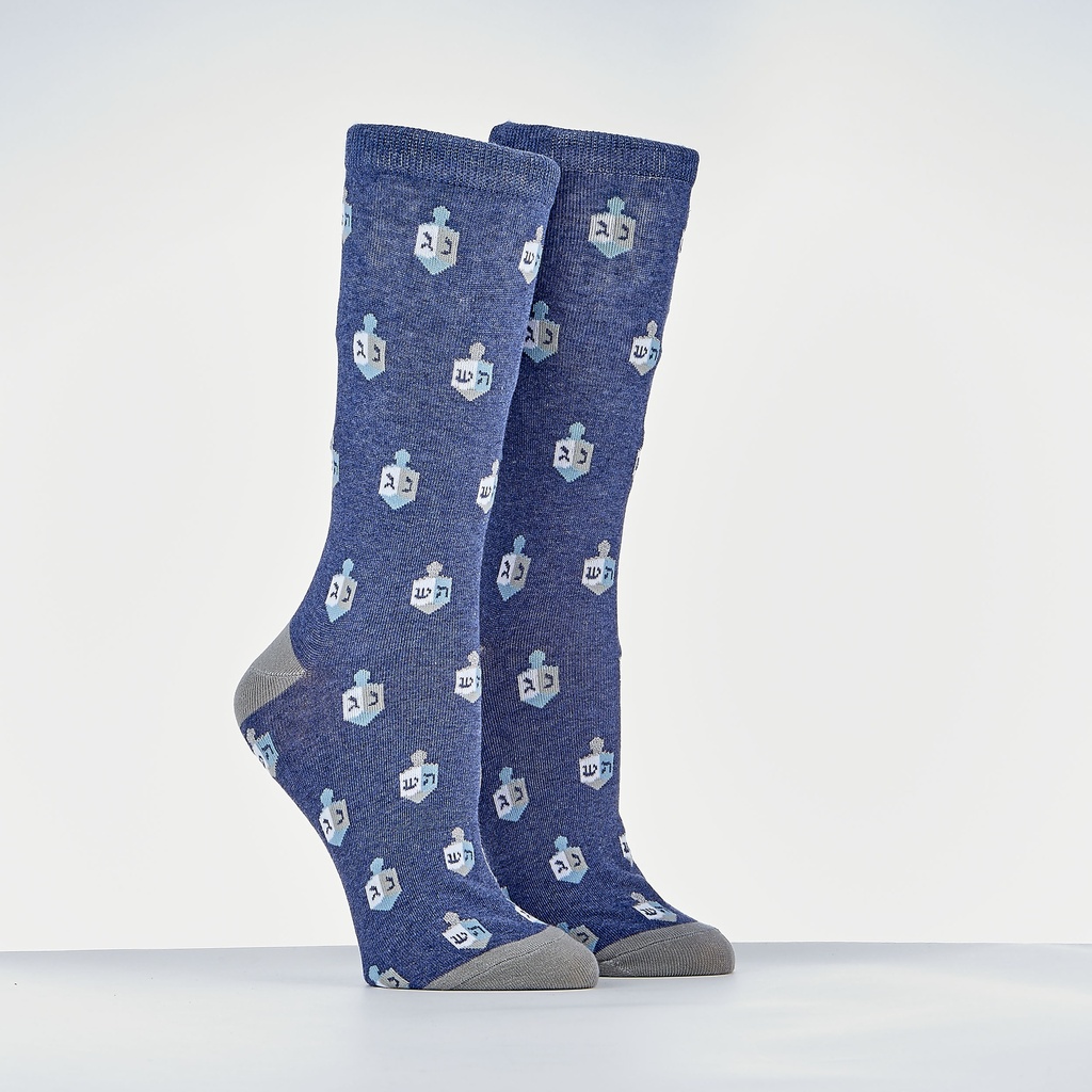 Chanukah Adult Crew Socks, Dreidels Design w/ Metallic Accents