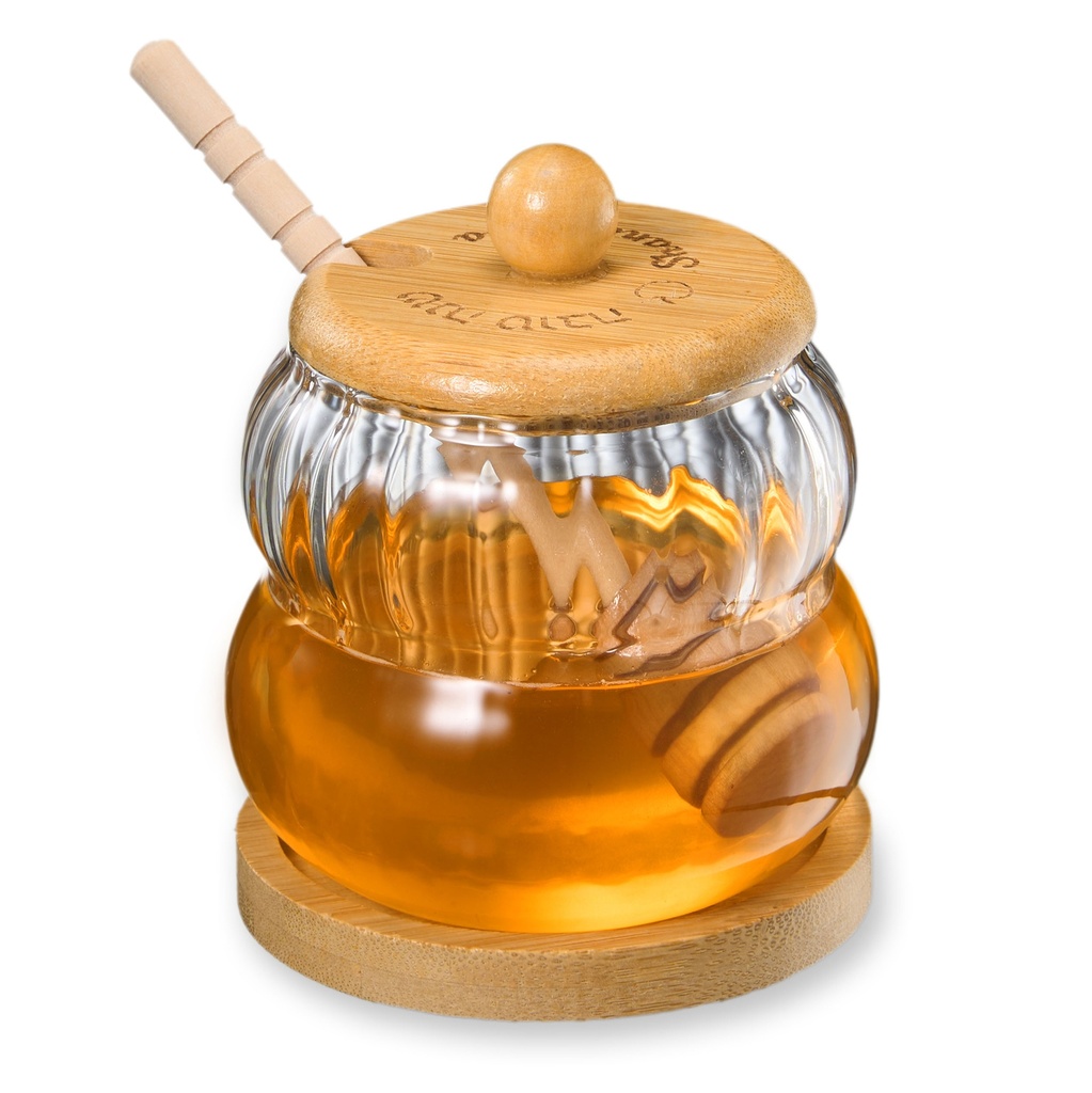 Glass Honey Jar with Wood Lid & Stand and Honey Dipper