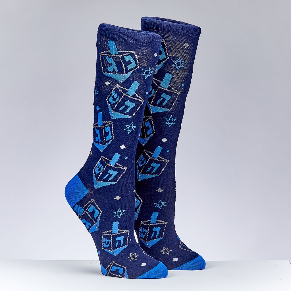 Chanukah Adult Crew Socks, Dreidels and Stars in Dreidel Box